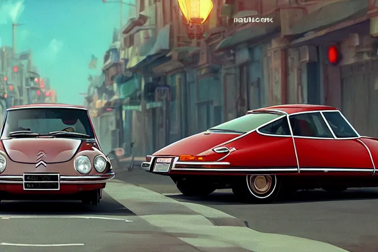 Prompt: a wholesome animation key shot of!! one!! focused! 1 9 7 4 citroen ds! in the street, medium shot, studio ghibli, pixar and disney animation, sharp, very detailed, high resolution, rendered in unreal engine 5, anime key art by greg rutkowski, bloom, dramatic lighting