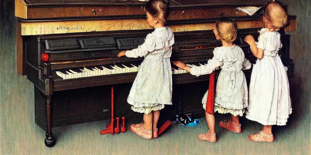 Image similar to Three children walk inside a piano by Norman Rockwell, hyper detailled, trending on artstation