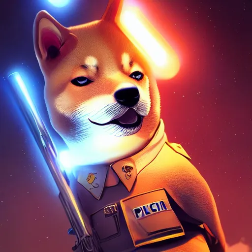 Image similar to shiba inu wearing a police uniform, holding a baseball bat, character design, highly detailed digital art, atmosphere, glow, lens flare, cinematic lightning, hyperrealistic, focused, extreme details, 4 k, ultra detailed, trending on artstation, masterpiece, digital art.