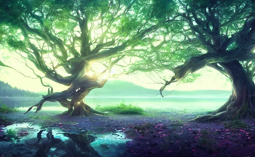 Prompt: twisted root magical tree in the middle of a lake, anime inspired, hyper realistic, dramatic lighting, glowing leaves, 8k hdr pixiv dslr photo by Makoto Shinkai ilya kuvshinov and Wojtek Fus, digital art, concept art,