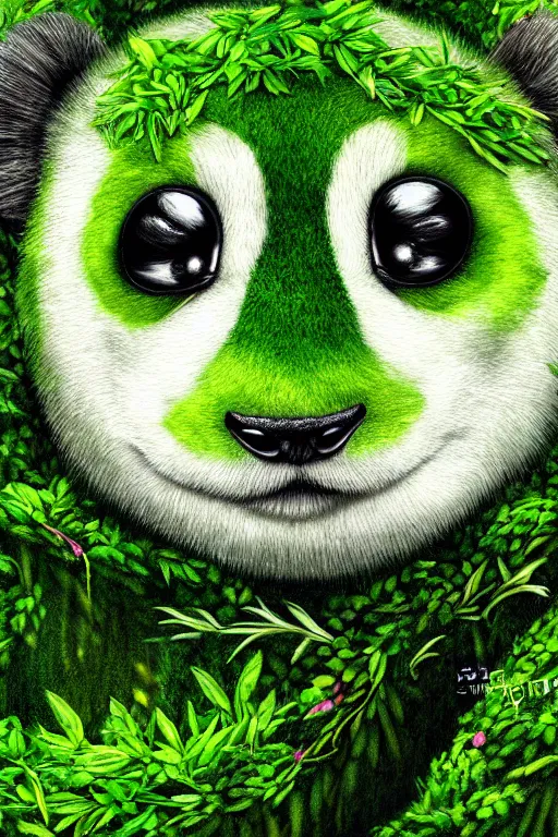 Image similar to a green moss panda, symmetrical, highly detailed, digital art, sharp focus, amber eyes, ferns, trending on art station