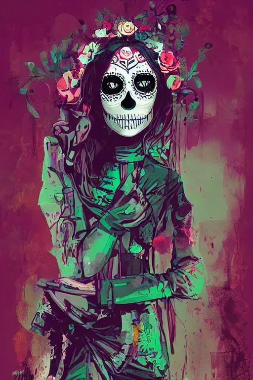 Prompt: Illustration of a sugar skull day of the dead girl, art by ismail inceoglu