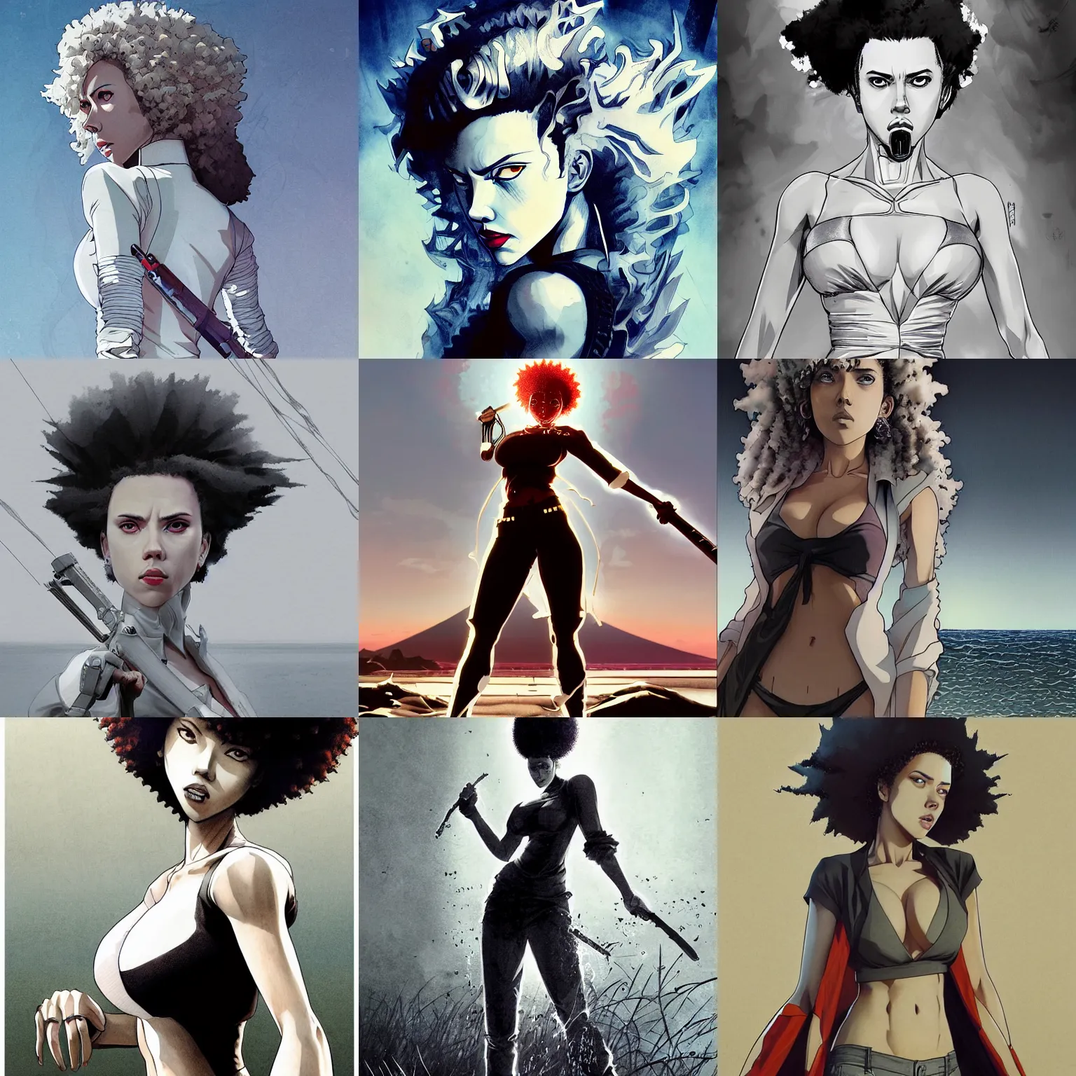 Prompt: drill rapper scarlett johansson with perfect symmetrical anatomical proportions, afro samurai animes style, by greg rutkowski, pencil and ink, full dynamic colour, dramatic lighting, wide angle lens, full body within frame, beautiful beach in the background sharp, smooth, intricate detail, hyper detail,