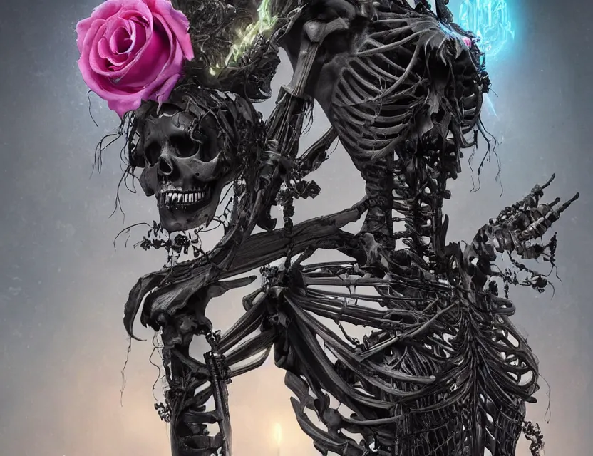 Prompt: a chaotic goddess of death skeleton as a heroine, intricate, elegant skull black rose s day of the dead atmospheric, dramatic, Trending on artstation. augmentations and cybernetic enhancements neon circuits, greg rutkowski , hyperrealist, cinema4D, 8k highly detailed