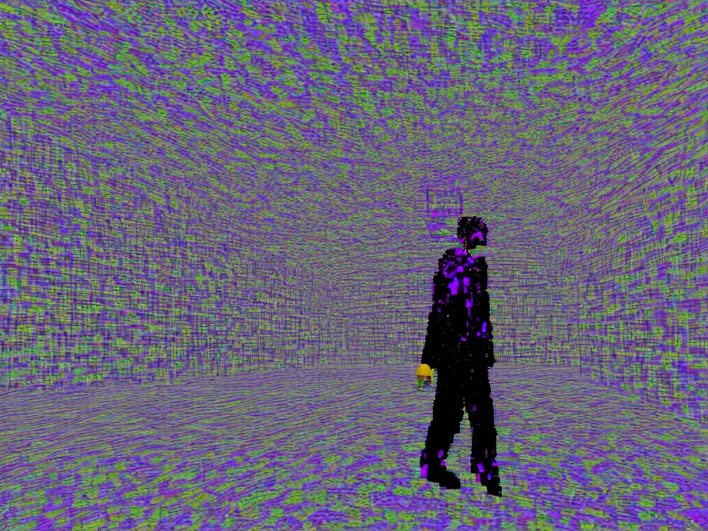 Image similar to vaporwave glitchy corrupt jpeg of a man walking in PS1 game city