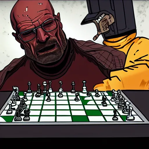 Image similar to the doom slayer trying to defeat walter white at chess