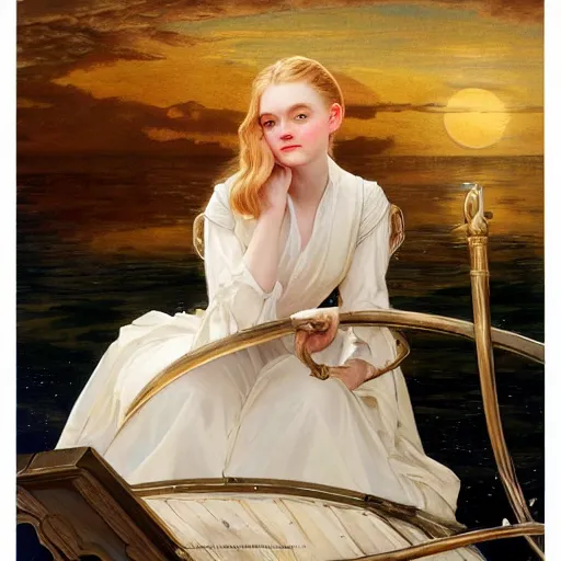 Prompt: Elle Fanning in front of the moon, on a boat, artstation, by J. C. Leyendecker and Peter Paul Rubens,