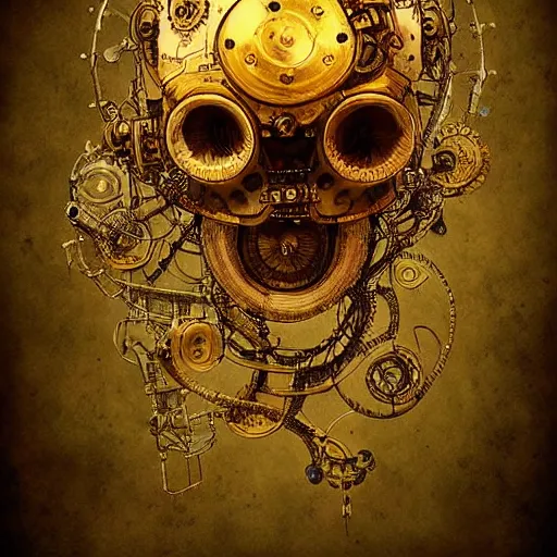 Image similar to firefly sentient robot covered in filigree, skull, steampunk, digital art, concept art, bokeh, intricate, watercolor, high contrast