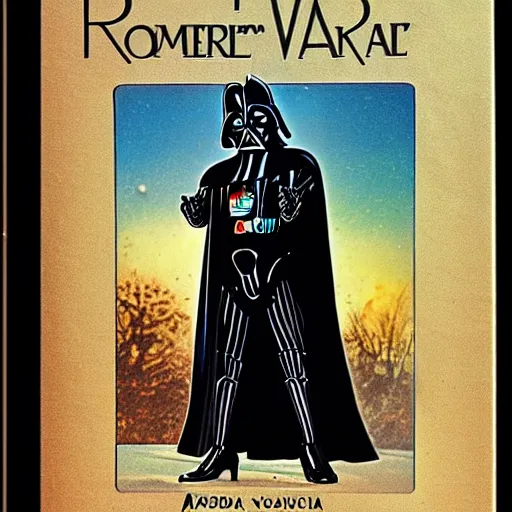 Image similar to a romance novel cover from 1 9 8 3, paperback, drawing, darth vader, yoda on the cover, romantic