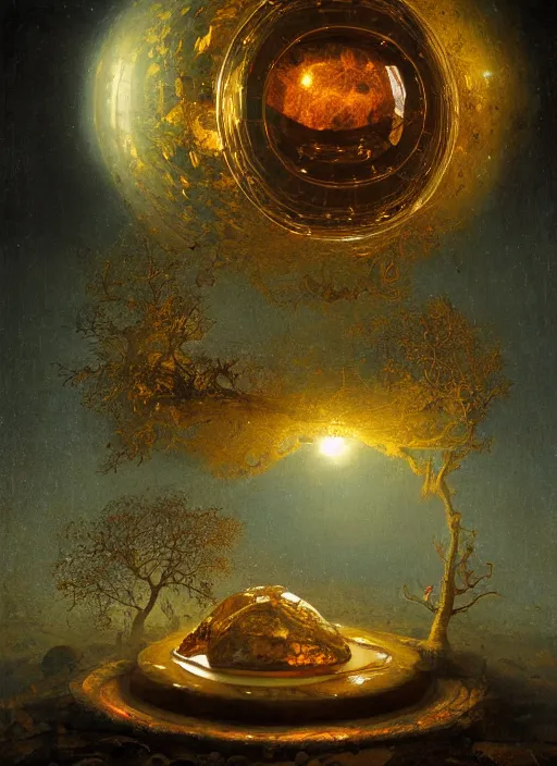 Prompt: worlds most expensive opale stone bright and shining with amber lights, modern fine art, fractal, intricate, elegant, highly detailed,, by jheronimus bosch and greg rutkowski,