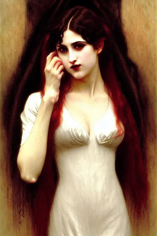 Prompt: victorian vampire black hair, painting by rossetti bouguereau, detailed art, artstation
