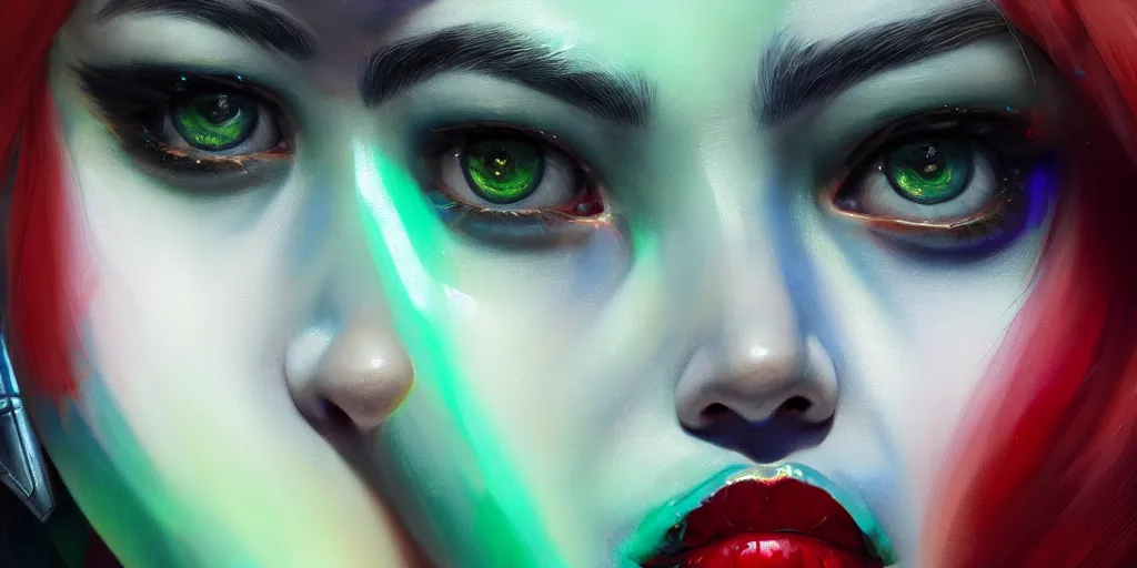 Image similar to ultra detailed close up facial portrait of harley quinn, green eyes, sharp bone structure, extremely detailed digital painting, in the style of fenghua zhong and ruan jia and jeremy lipking and peter mohrbacher, mystical colors, rim light, beautiful lighting, 8 k, stunning scene, raytracing, octane, trending on artstation