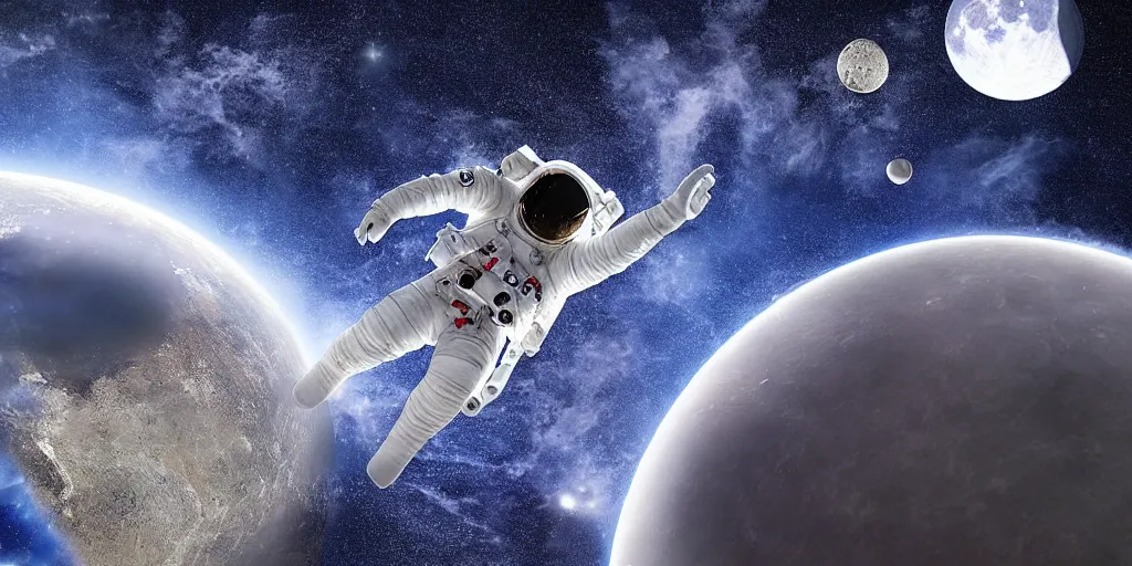 Image similar to an astronaut floating in space, earth and the moon are visible, digital art