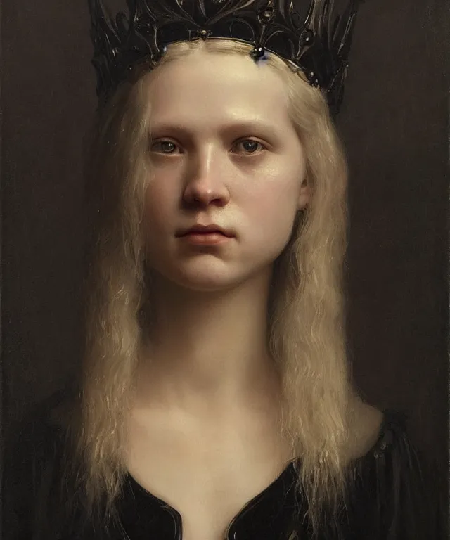 Prompt: the portrait of hunter schafer in black wax crown!!!!!!!!!!!!!!!!!!!!!!!!!!!!!!! by roberto ferri, dark fantasy, witcher, very detailed oil painting, masterpiece, 8 k