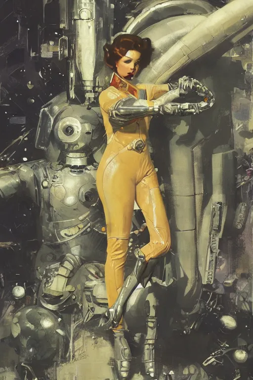 Prompt: pulp scifi fantasy illustration full body portrait of elegant woman wearing latex spacesuit, by norman rockwell, jack kirby, bergey, craig mullins, ruan jia, jeremy mann, tom lovell, 5 0 s, astounding stories, fantasy