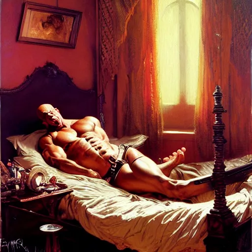 Image similar to vin diesel is in his bed, nervous and terrified, because little richard from hell is attacking him. highly detailed painting by gaston bussiere, j. c. leyendecker, greg rutkowski, craig mullins 8 k