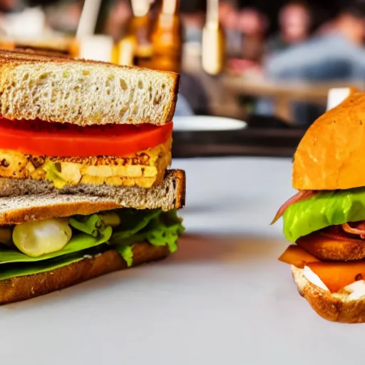 Prompt: sandwich with fried tofu, also tomato, onion, avocado and cheddar, over a dish and over a table, sunset background with saturn in the sky, studio photo, amazing light