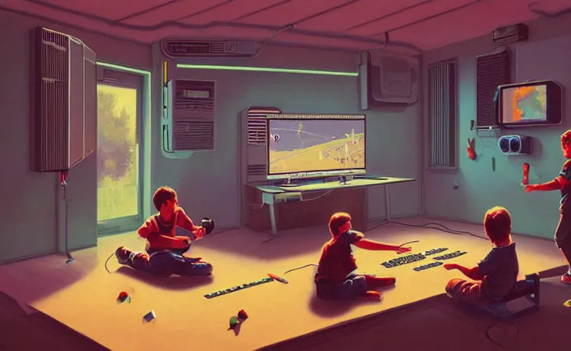 Prompt: 1 9 8 0 s, cassette futurism, two boys playing game at a spacious gaming room with their hi - tech gaming setup, intricate, highly detailed, spacious, indoor, artstation, art by filip hodas and artgerm