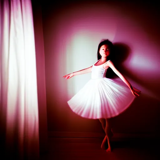 Image similar to cute girl wearing white dancing joyfully in her bedroom at night, dark atmospheric lighting, elegant, highly detailed, heavy grain, sharp focus, depth of field, radiant light, 8 k, hdr, beautiful composition, photographed by steve mccurry