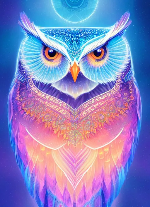 Image similar to symmetry!! product render poster vivid colors divine proportion owl, ice and snow, glowing fog intricate, elegant, highly detailed, digital painting, artstation, concept art, smooth, sharp focus, illustration,