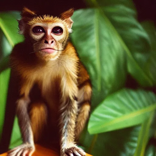 Prompt: An Award winning photo of a Half Monkey Half cat hybrid, 4K, , cinestill 800, Noctilux 50mm