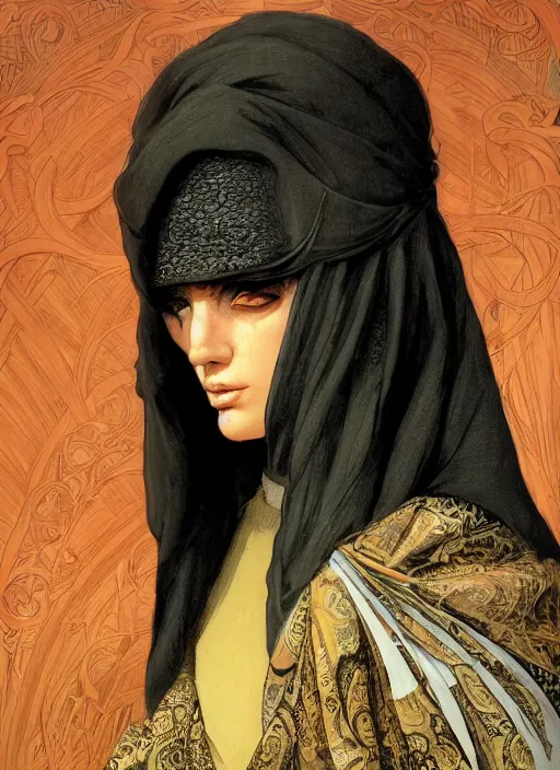 Prompt: detailed portrait of random middle eastern burqa women guy, weapon, hot, behance hd artstation, by moebius, alphonse mucha, ayami kojima, amano, greg hildebrandt, and mark brooks, masculine, male, art nouveau, neo - gothic, gothic, character concept design, dynamic light, stylised illustration, disco elysium, highly details