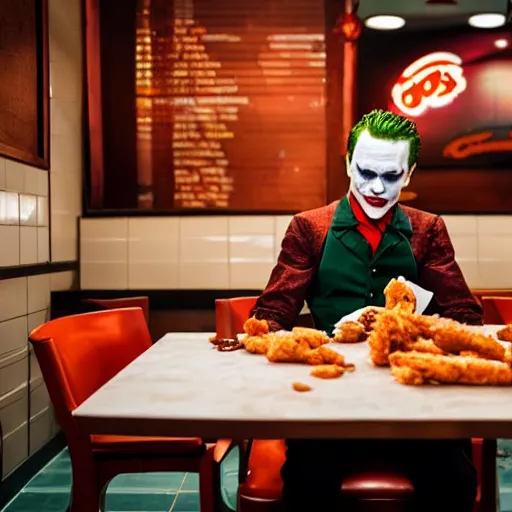 Prompt: cinematic shot of the joker sitting at a table in a popeyes restaurant and eating chicken tenders, 8 k, very detailed, very intricate,