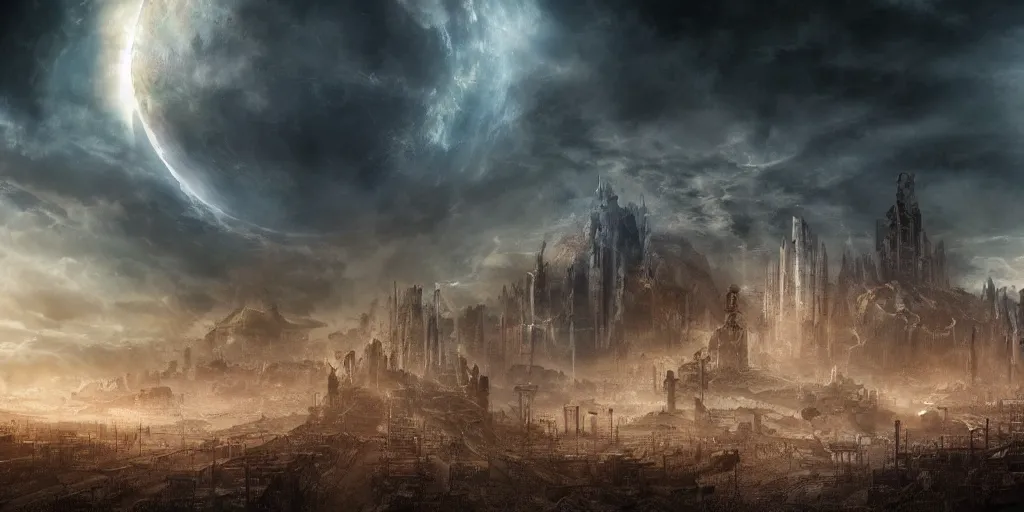 Image similar to the last city on earth, fantasy apocalypse, dystopian, digital art, 4 k