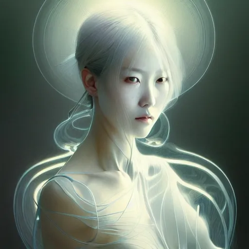 Image similar to ultra realistic illustration, a japanese female digital ghost, transparent, static, intricate, elegant, highly detailed, digital painting, artstation, concept art, smooth, sharp focus, illustration, art by artgerm and greg rutkowski and alphonse mucha