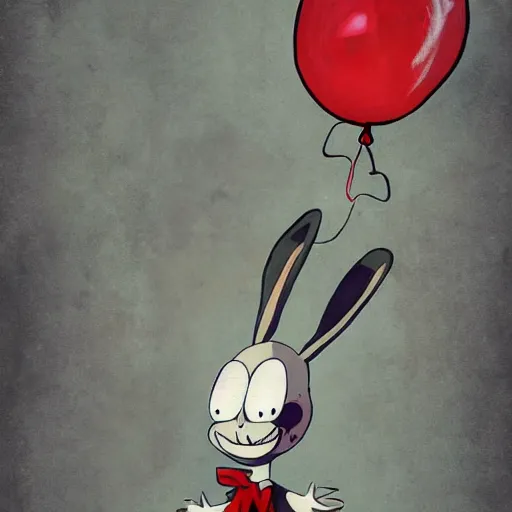 Image similar to grunge painting of bugs bunny with a wide smile and a red balloon by tim burton, loony toons style, pennywise style, corpse bride style, rick and morty style, creepy lighting, horror theme, detailed, elegant, intricate, conceptual