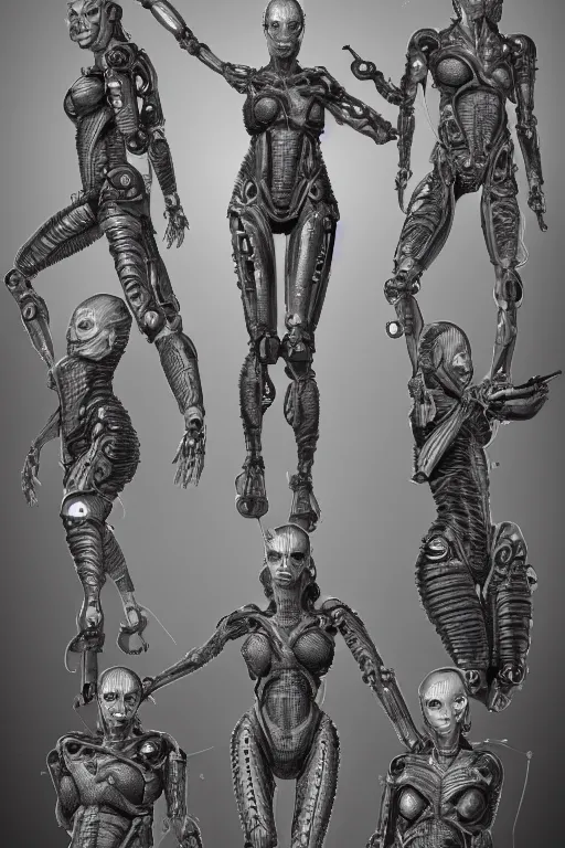 Image similar to cyborg mermaid with gunmetal grey skin, medical anatomy, very symmetrical face, highly detailed, mecha, three - perspective / three - view reference sheet ( front / back / side ), in the style of james gurney, dan ouellette, hr giger, sil from species, dren from splice, biomechanical, artstation, unreal engine