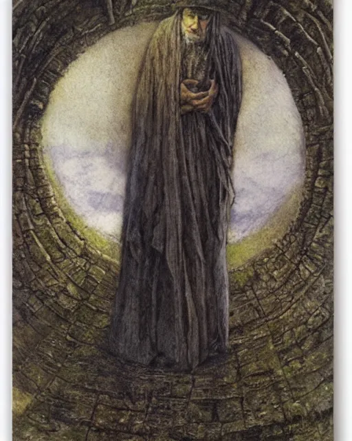 Image similar to a druid standing in a circle at the beginning of the world by alan lee