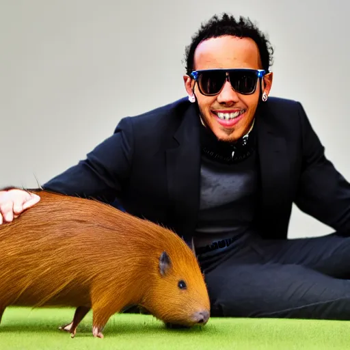 Prompt: an award winning photo of lewis hamilton holding a capybara, 4 k