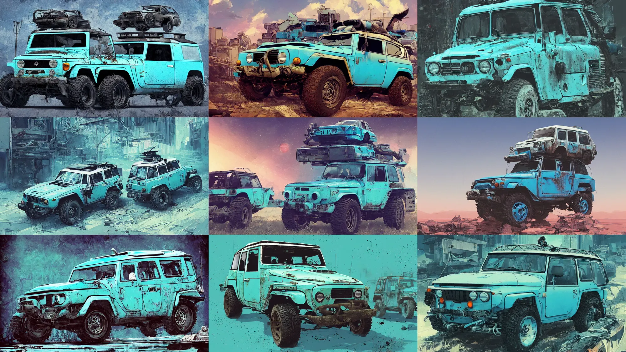 Image similar to digital illustration of a futuristic faded cyan mad max's fj 4 0 decrepit!!!! pursuit special, rusty!!! cyberpunk nissan fj cruiser heavily modded 1 9 9 0 s, the last v 8 interceptor by makoto shinkai, ilya kuvshinov, lois van baarle, rossdraws, basquiat