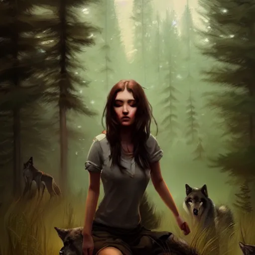 Image similar to a pretty girl surrounded by wolves, in the woods, digital painting, photorealistic, in the style of greg rutkowski, full body, detailed face, cinematic