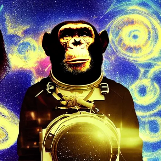 Prompt: double exposure portrait of astronaut and a chimpanzee astronaut with space and time in the the background by davinci, circles, psychedelic, pencil art, fibonaci sequence, dynamic lighting stars, sharpness, golden ratio