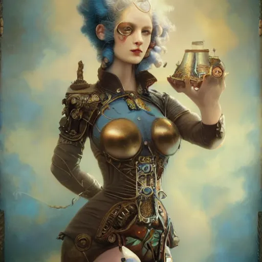 Image similar to by tom bagshaw, ultra realist vivid soft painting of a carnival of curiosities, single curvy flirt etheral young steampunk female in a full ornated armor gears breathtaking almond blue eyes, cables, led, flying machinery, partial symmetry accurate features, very intricate details, focus, award winning, ultra dense fog