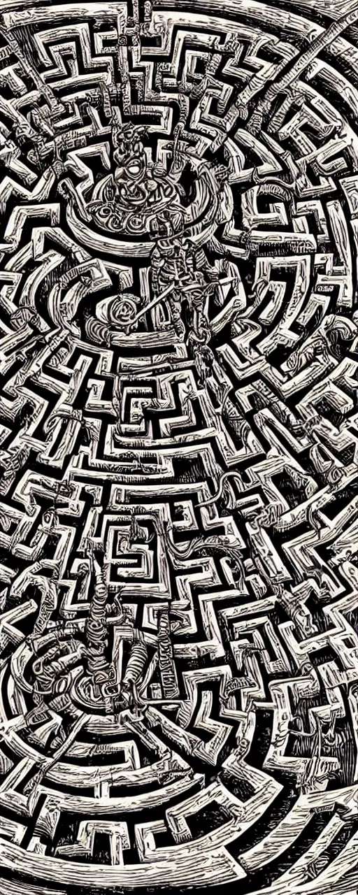 Prompt: view of a highly detailed woodcut of a labyrinth maze with a steampunk minotaur model in the center, studio lighting, frame from a moview