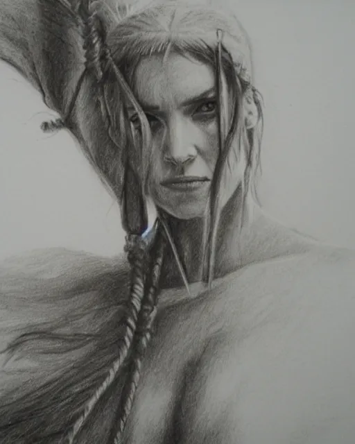 Image similar to A beautiful female warrior on a faded background of a pirate ship and a deserted island, realism pencil drawing on white paper, bald lines