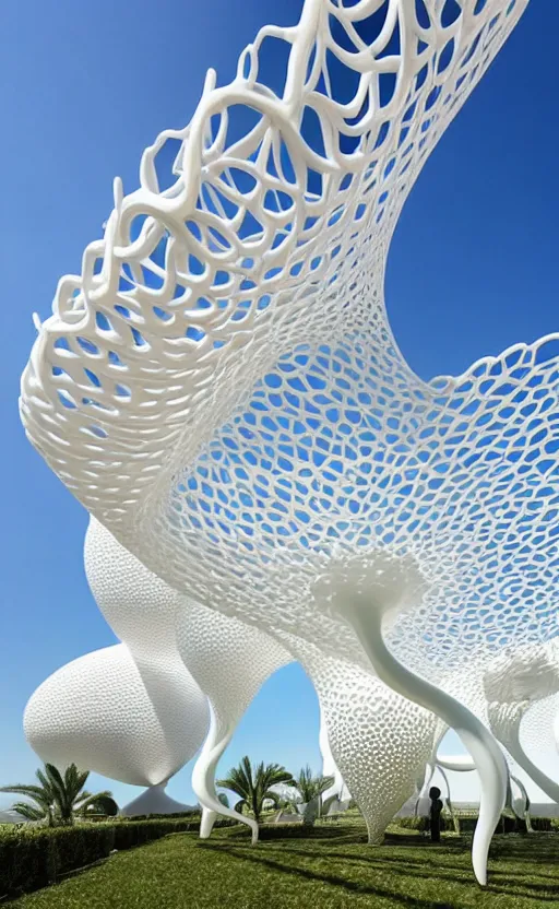 Image similar to elegant white art 3 d printed parametric installation with playful surreal tall lemon groves, beautiful sunny day, fluidity, vincent callebaut, mamou - mani, innovative voronoi pavilion with huge white magnolias above