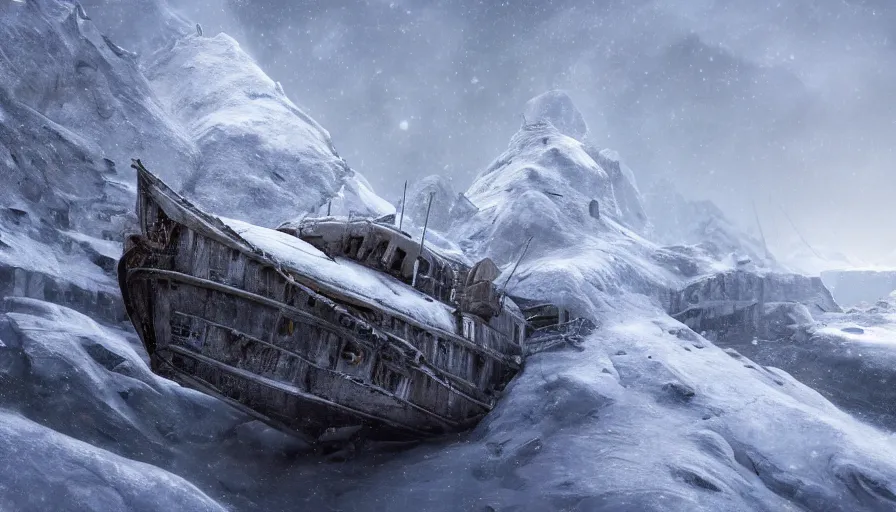 Image similar to abandoned ship in snowy mountains in a frozen planet, hyperdetailed, artstation, cgsociety, 8 k