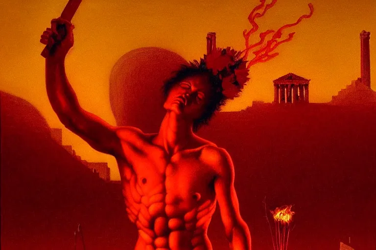 Image similar to only with red, a red melted apollo with a laurel wreath and a flaming sword announce the win, athens in the background, in the style of beksinski, part by hopper, part by rodcenko, part by hofbauer, intricate composition, red by caravaggio, insanely quality, highly detailed, masterpiece, red light, artstation