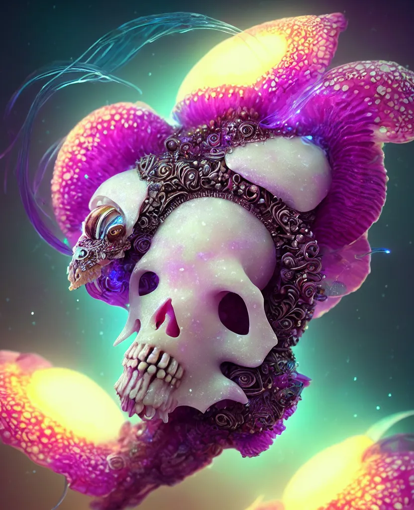 Image similar to goddess princess beautiful face close-up portrait ram skull fluffy toy. jellyfish phoenix head, nautilus, orchid, skull, betta fish, bioluminiscent creatures, intricate artwork by Tooth Wu and wlop and beeple. octane render, trending on artstation, greg rutkowski very coherent symmetrical artwork. cinematic, hyper realism, high detail, octane render, 8k