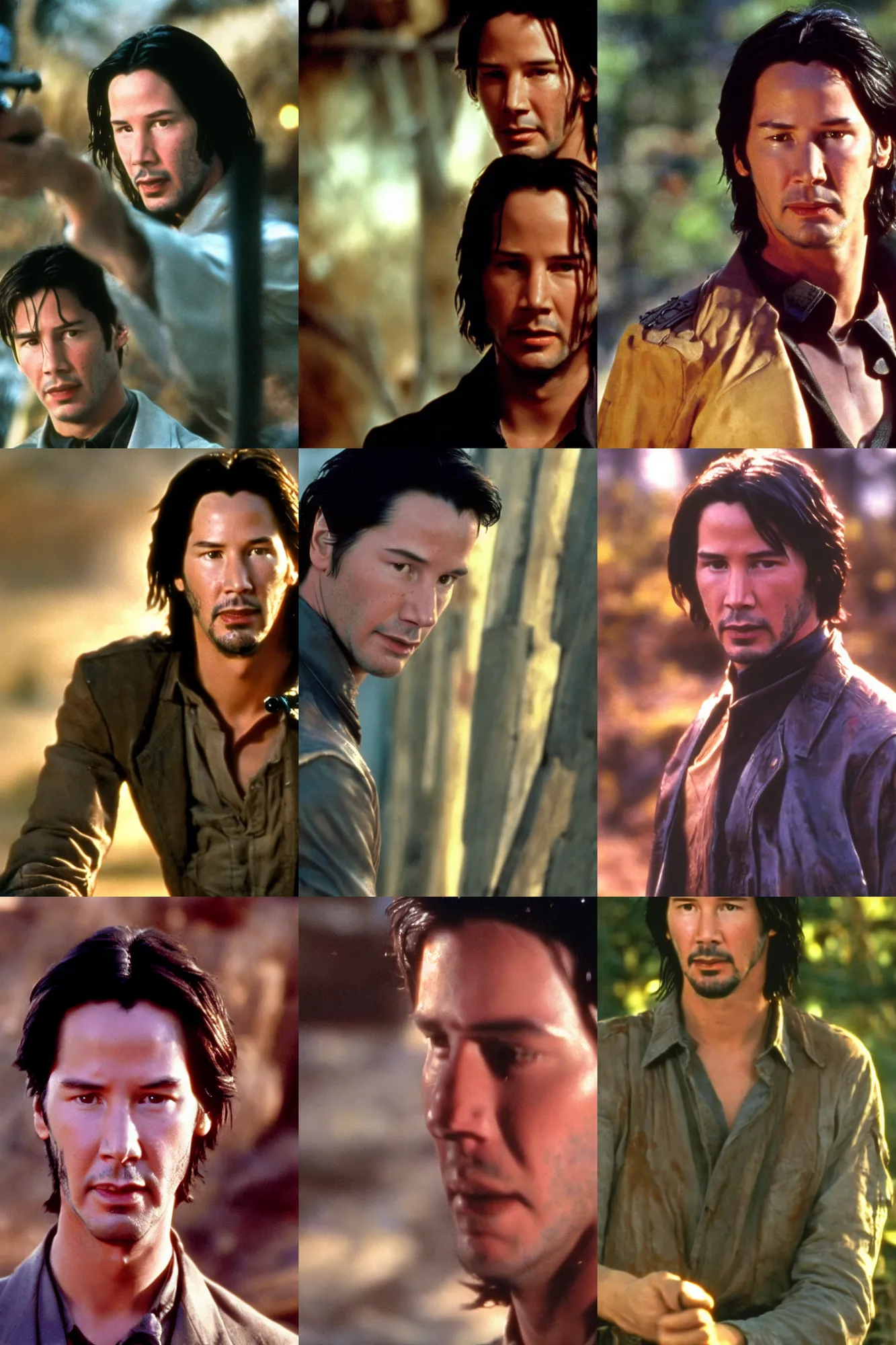 Prompt: cinematic still of young keanu reeves starring in firefly. sharp focus. golden hour