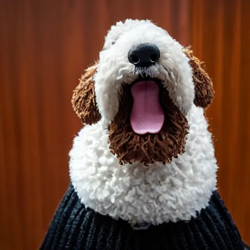 Image similar to a closeup photorealistic photograph of a cute smiling knitted bernedoodle judge dog dressed in a black gown, presiding over the courthouse. indoors, professional capture, well lit shot. this 4 k hd image is trending on artstation, featured on behance, well - rendered, extra crisp, features intricate detail, epic composition and the style of unreal engine.