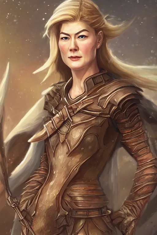 Prompt: rosamund pike portrait as a dnd character fantasy art.