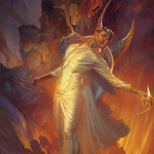 Image similar to attractive male deity casts light spell, summons attractive male lucifer morningstar. highly detailed painting by gaston bussiere, craig mullins, j. c. leyendecker 8 k