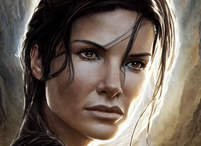 Image similar to face portrait of concentrated young Sandra Bullock as Lara Croft entering the large Minas Tirith gate, sun beams, intricate, elegant, highly detailed, centered, digital painting, artstation, concept art, smooth, sharp focus, illustration, Allan Lee, John Howe