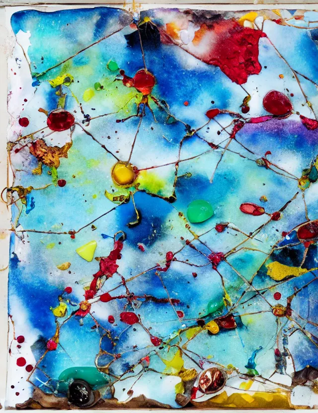 Prompt: abstract composition with watercolor and indian ink dripped on broken pieces of colored shiny glass, tiny rooftops and a sea abstract with dripped ink and sea glass, Acrylic Paint, Oil Paint, Dripping Paint, Splatter Paint, Exterior, Stellation, Seaglass, Ruby, Lapis Lazuli, Agate, Firework, De-Noise