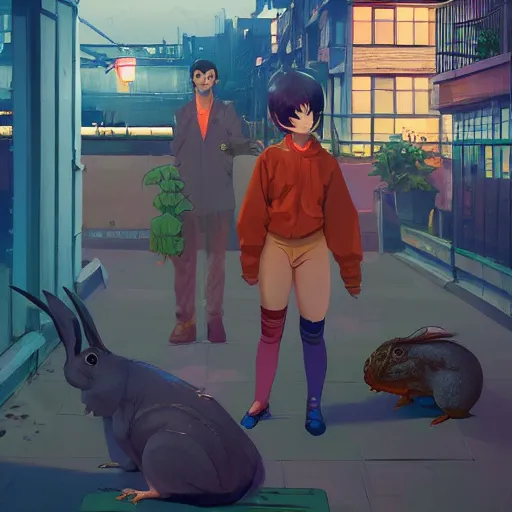 Prompt: anime mutant pet shop squad. rabbit, puppy, hamster. iguana. rat ninjas on the urban neogeorgian rooftops at night. low angle. artstation, by ilya kuvshinov and jeremy lipking and quentin mabille w - 1 0 2 4